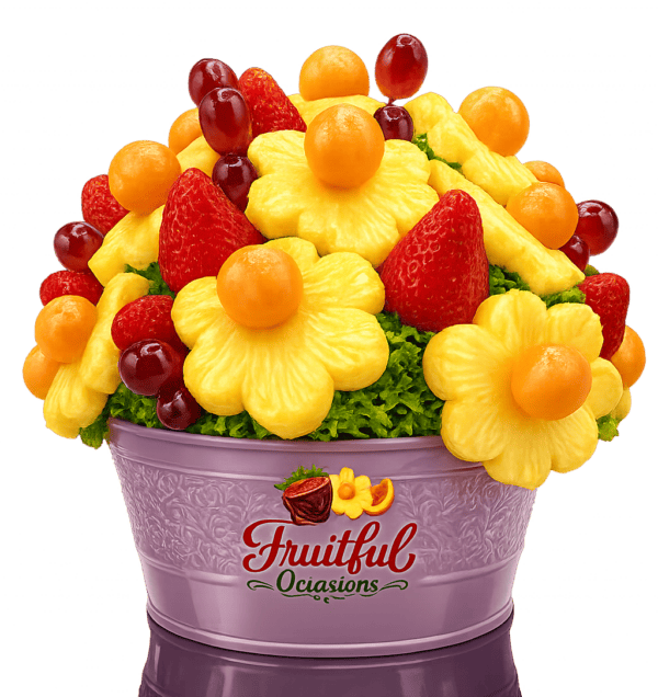 Fresh Fruit Flower Arrangement for Daisy Blossom Delight Vibrant fruit bouquet with strawberries, pineapple flowers, grapes, and melon balls in a decorative.