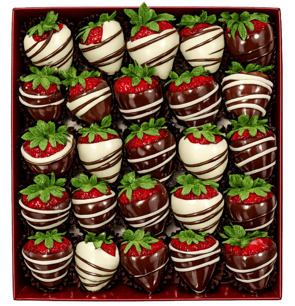 Chocolate Strawberry Passion Box - Delicious chocolate-covered strawberries. Assorted chocolate-covered strawberries with fresh mint leaves in a gift box.