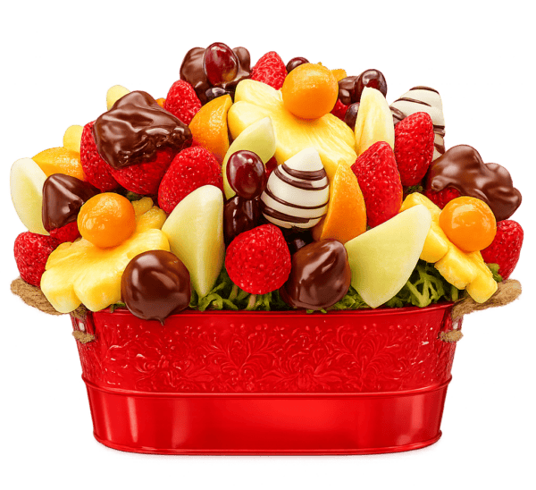 Colorful tropical fruit arrangement with strawberries, melons, grapes, and chocolates. Perfect for i.
